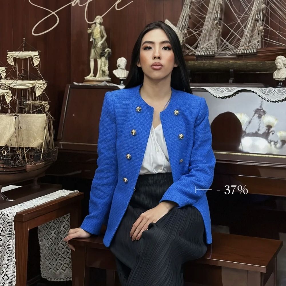 ZARA Blue Blazer GOLD BUTTON TEXTURED BLAZER Royal Blue XS
